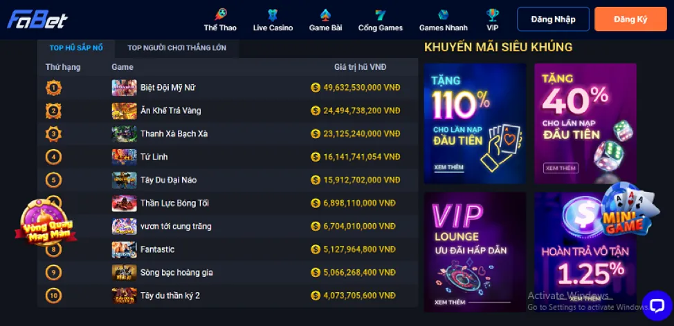 Đa dạng trò chơi cá cược trên Vswin App